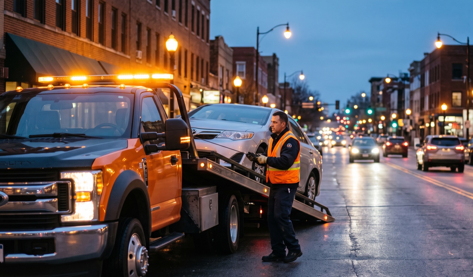 A car being loaded onto a flatbed tow truck